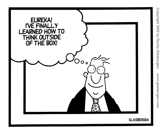 A cartoon of a many within several boxes claiming to have learned to think outside the box