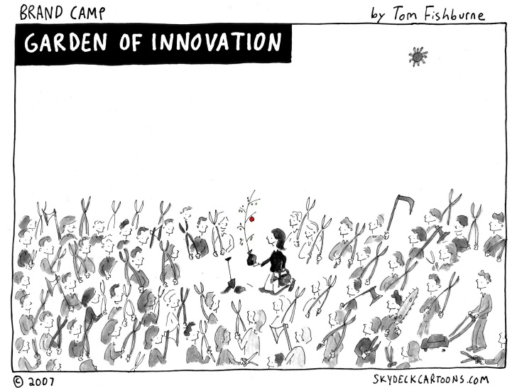 A cartoon showing a woman holding a plant with a single rose tenuously clinging to it and around the woman is a crowd of people with hedge clippers 