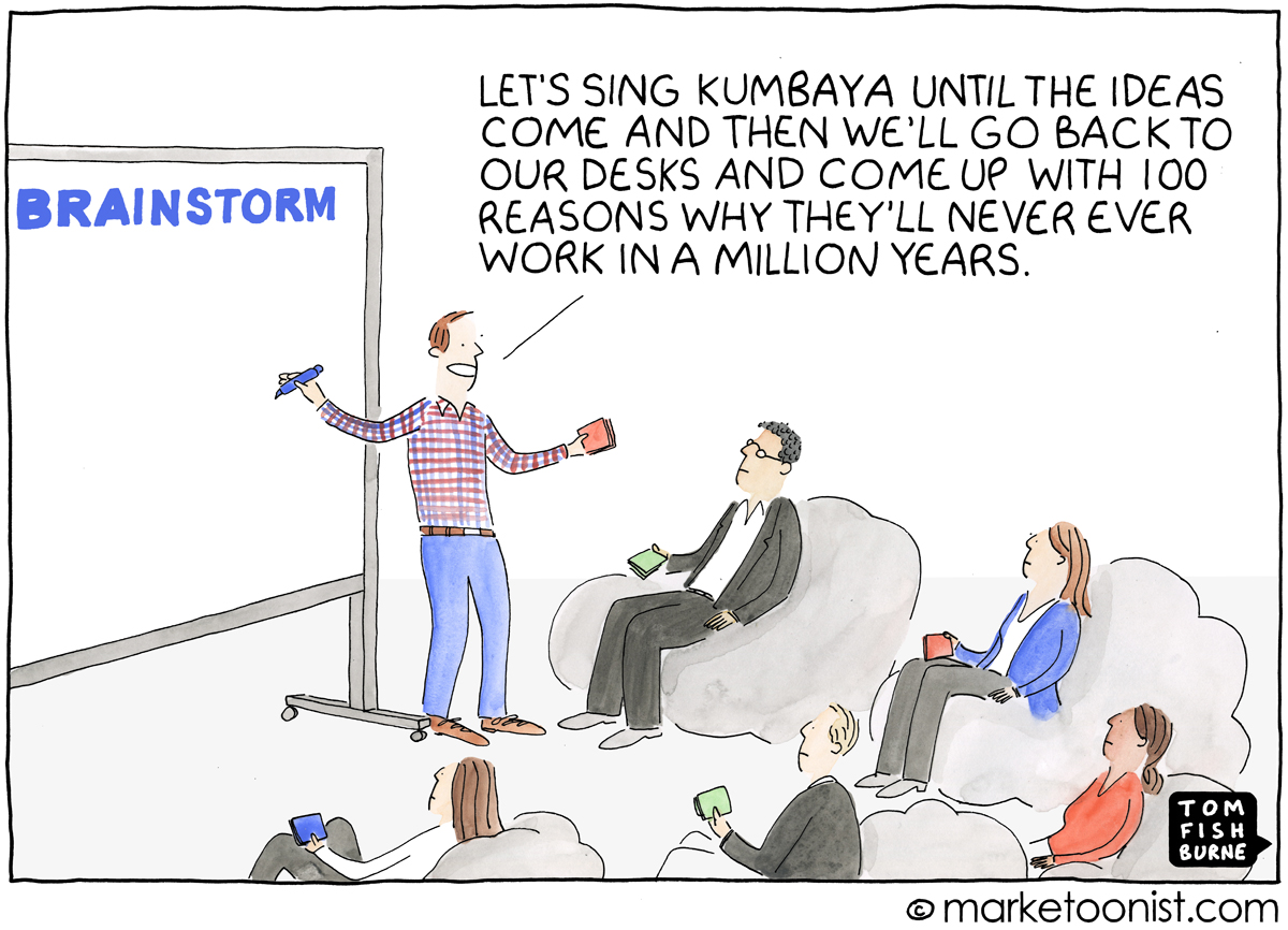 A cartoon mocking groupthink and corporate ideation