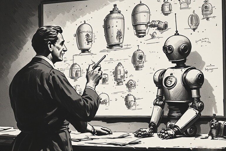 a teacher instructing his robotic teaching assistant