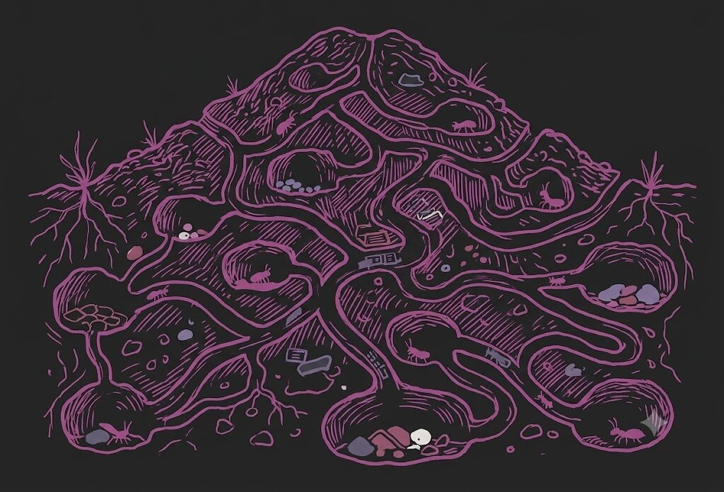 An anthill with labyrinthine tunnels